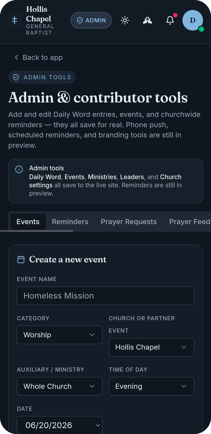 SmallChurchApp leader screen showing tools to post the daily word, schedule events, and manage the church.