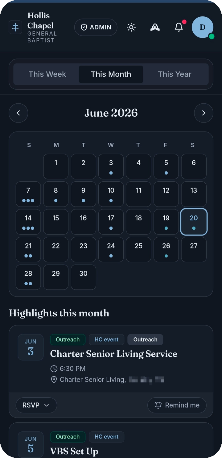 SmallChurchApp calendar screen listing services, studies, and serving opportunities.