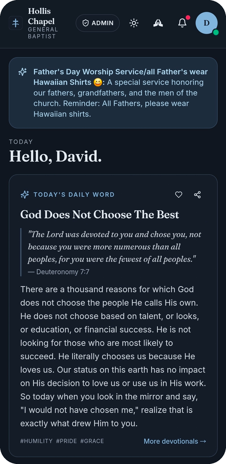 SmallChurchApp home screen showing the morning Daily Word and a prayer prompt.