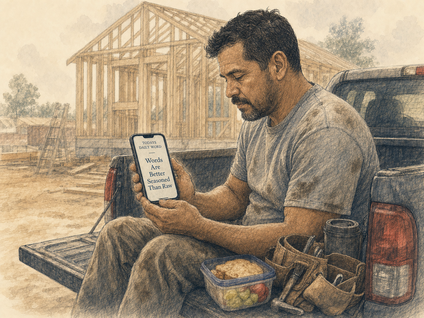 Pen-and-ink and watercolor illustration of a construction worker on his lunch break, sitting on the tailgate of his pickup at a jobsite, reading today's Daily Word in SmallChurchApp on his phone.