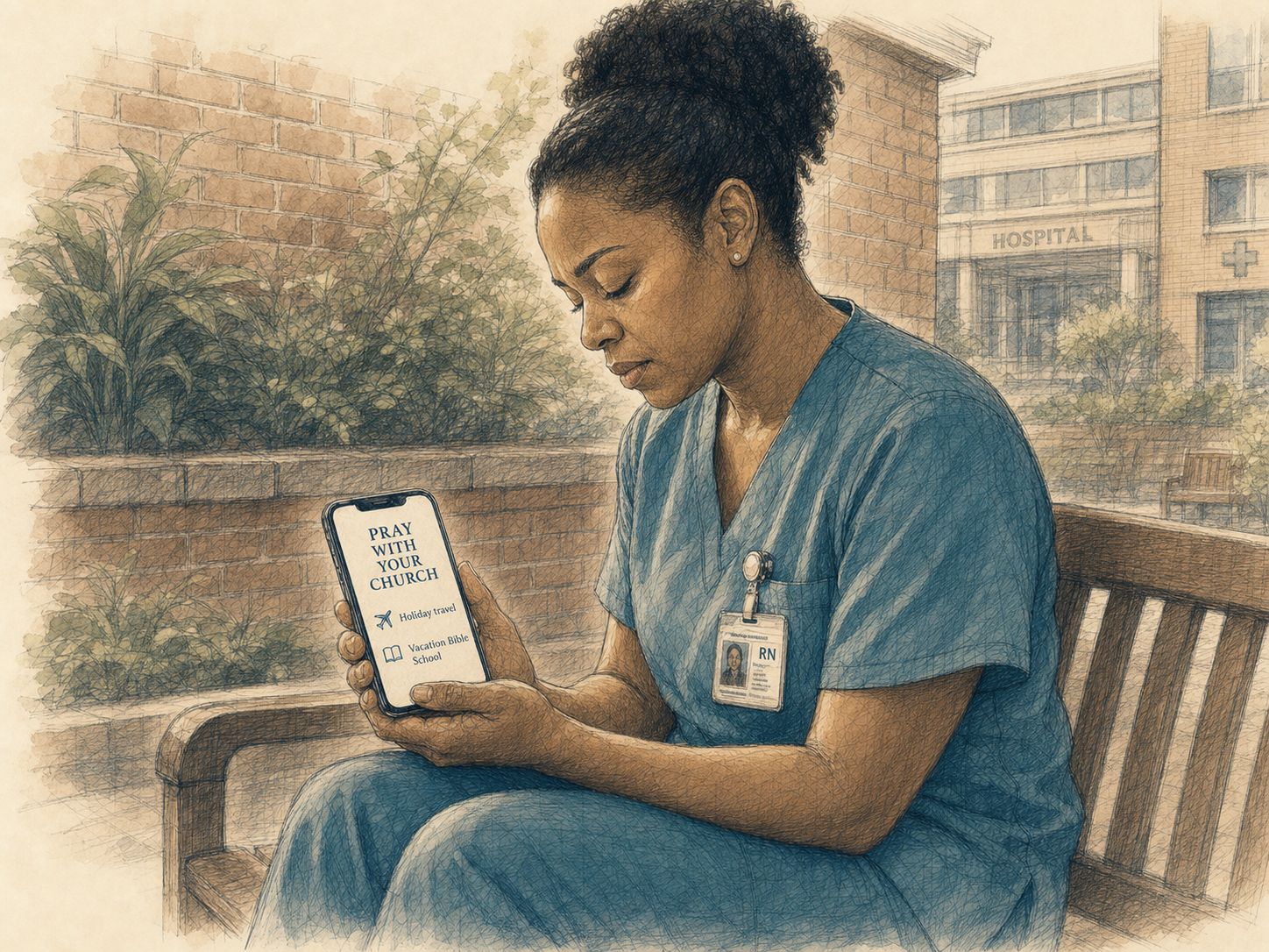 Pen-and-ink and watercolor illustration of a nurse in blue scrubs on her break, sitting on a bench outside the hospital, praying with her church through SmallChurchApp on her phone.